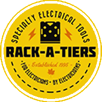 A Yellow Circle With Black Text Logo For Rack-A-Tiers