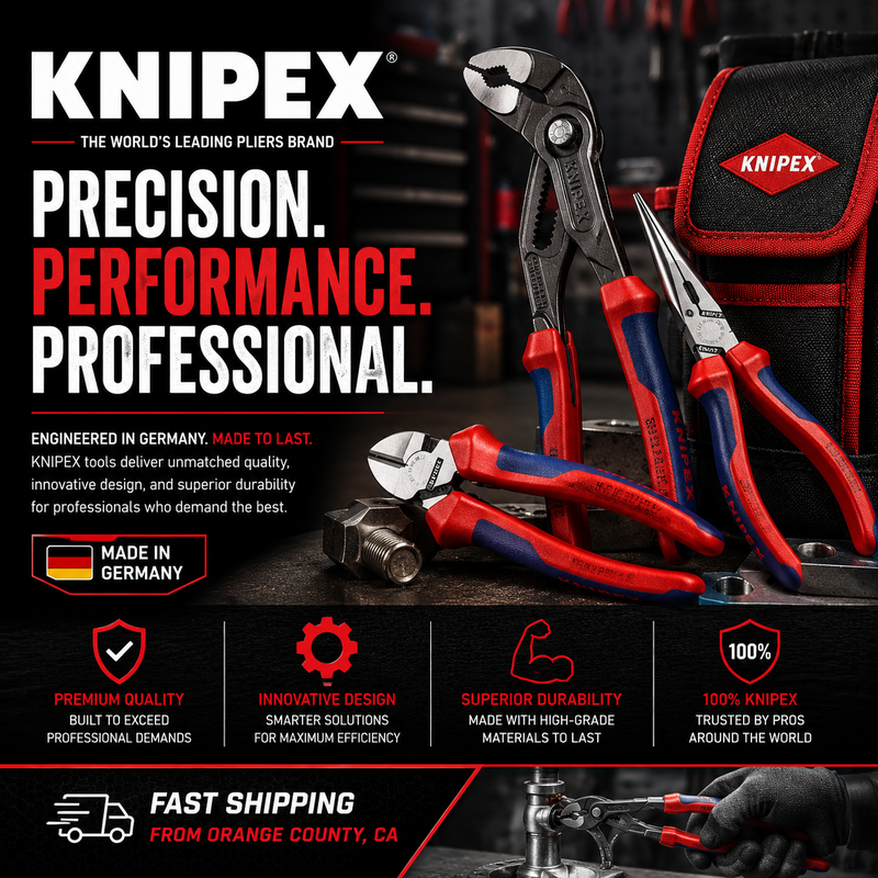 Knipex Tools Promotional Image Featuring Professional Pliers, Cutters, And Hand Tools With The Headline “Precision. Performance. Professional.” Plus Highlights For German Engineering, Premium Quality, Durability, Trusted Pro Use, And Fast Shipping From Orange County, Ca.
